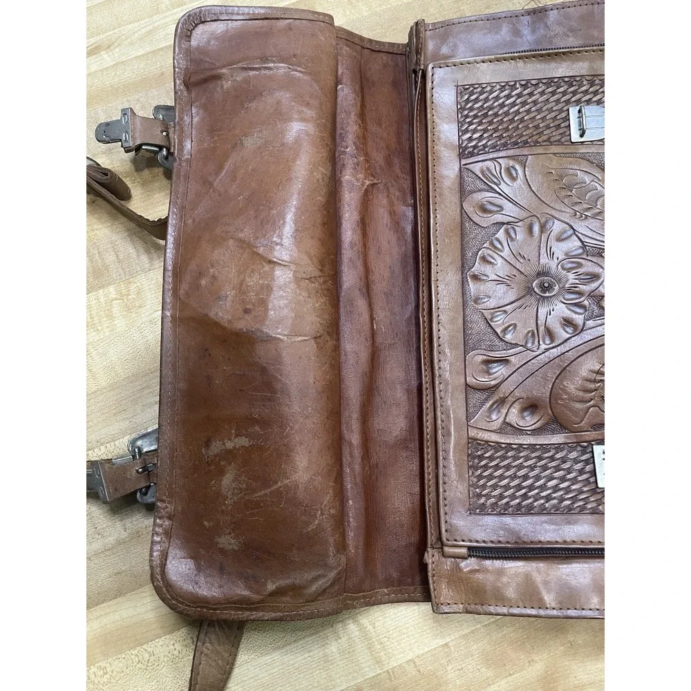 Vintage American West Tooled Leather Briefcase Messenger Laptop Bag Brown USA